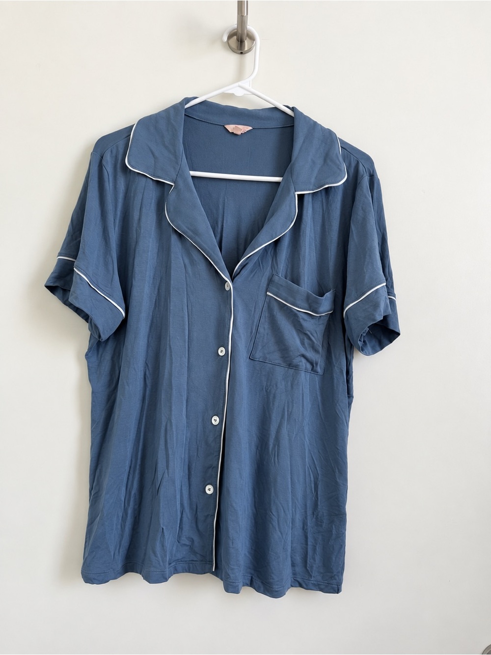 Eberjey Short Sleeve Button Shirt in Slate Blue with White Piping